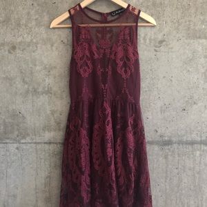 Maroon, lace dress with scalloped hem